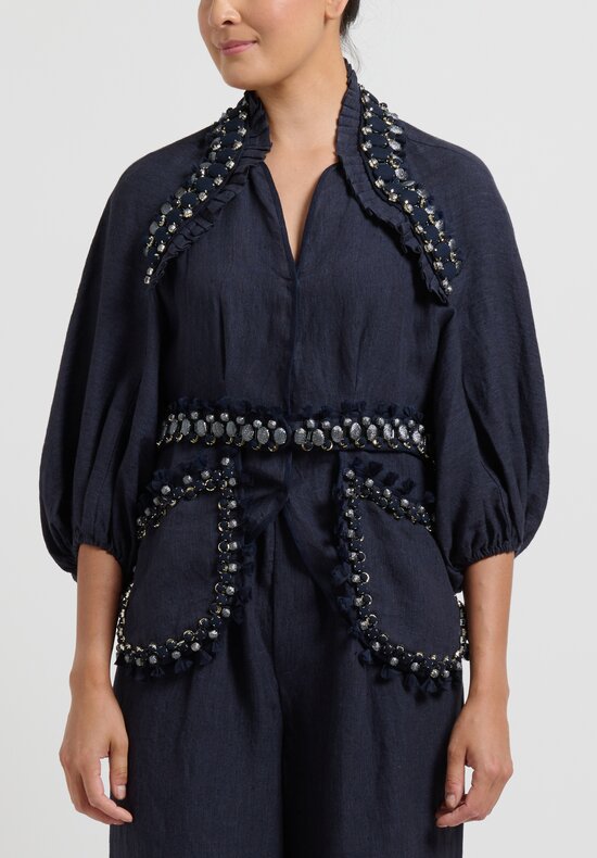 Biyan Embellished Linen ''Karoelle'' Jacket in Navy Blue	