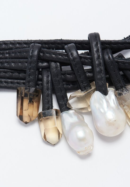 Monies Baroque Pearl, Mountain Crystal, Ebony & Leather Bracelet 8 Inch	
