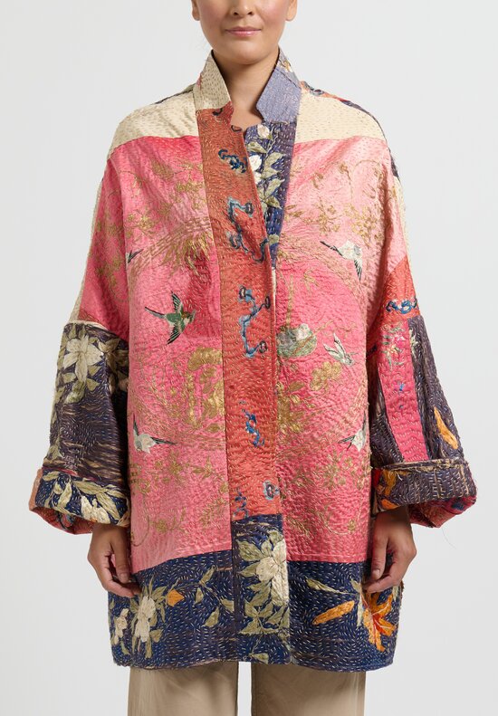 By Walid Antique Embroidered Silk Basma Coat in Blue Chrysanthemum	