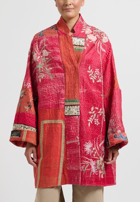 By Walid Antique Embroidered Silk Basma Coat in Red Raspberry & Peacock	