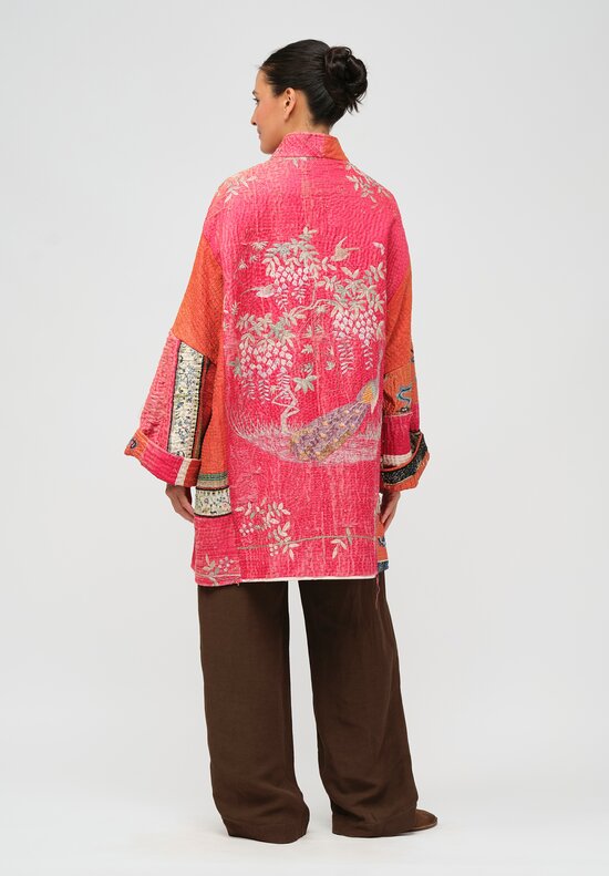 By Walid Antique Embroidered Silk Basma Coat in Red Raspberry & Peacock	