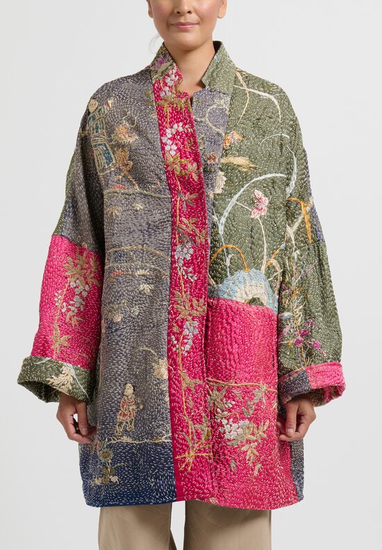 By Walid Antique Embroidered Silk Basma Coat in Red Indigo & Peacock	