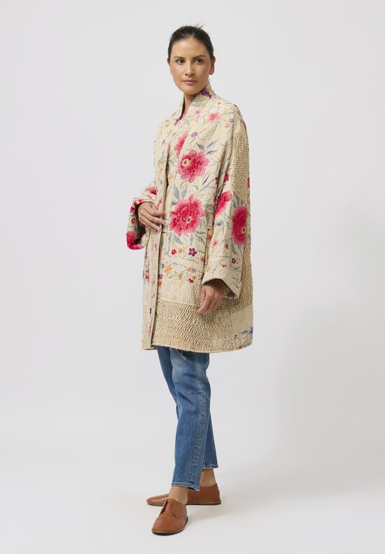 By Walid Silk Piano Shawl Basma Coat in Ivory & Pink Flowers	