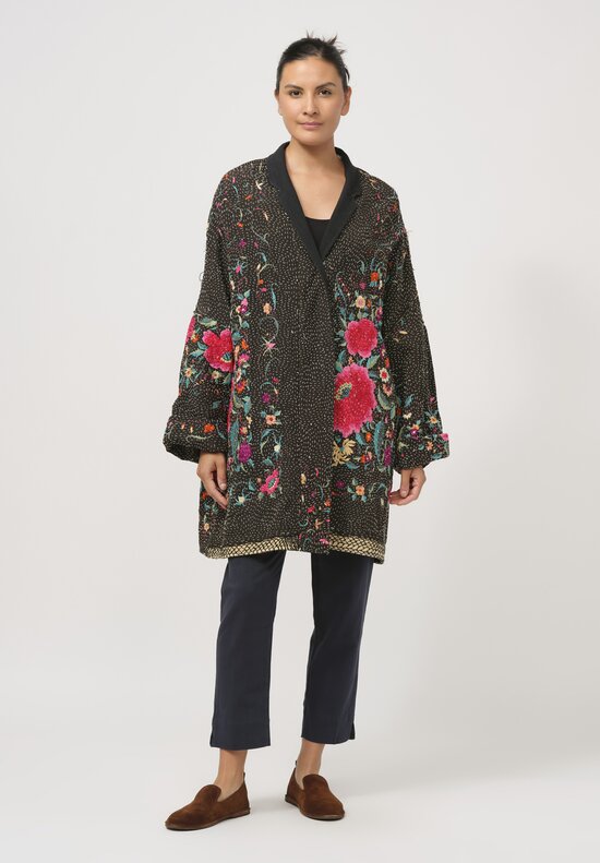 By Walid Silk Piano Shawl Basma Coat in Black & Pink Flowers	