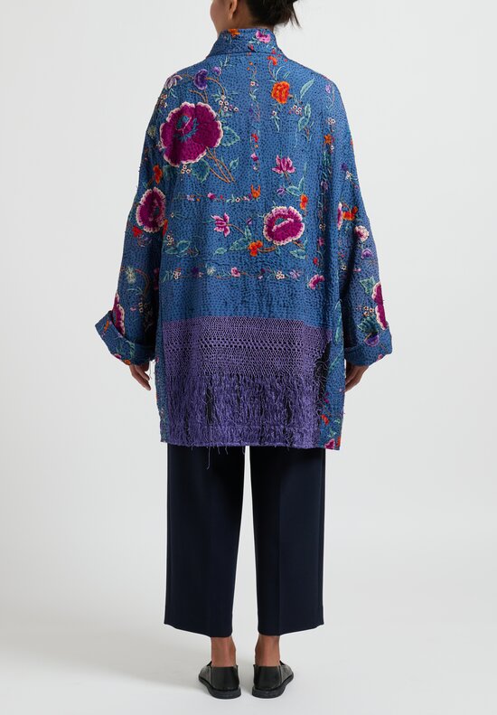 By Walid Silk Piano Shawl Basma Coat in Blue Purple Flowers	
