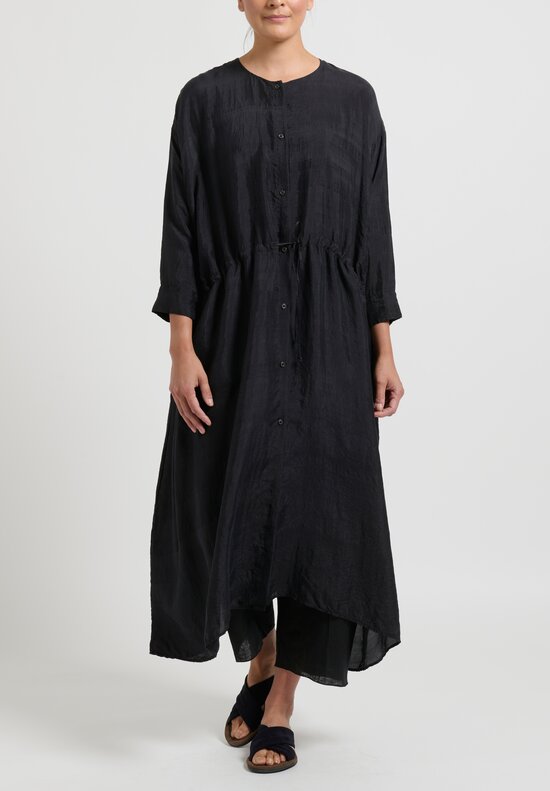 kaval Khadi Silk Button Front Duster in Black	