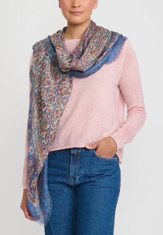Alonpi Cashmere Square Printed Scarf in Blue & Pink Paisley	