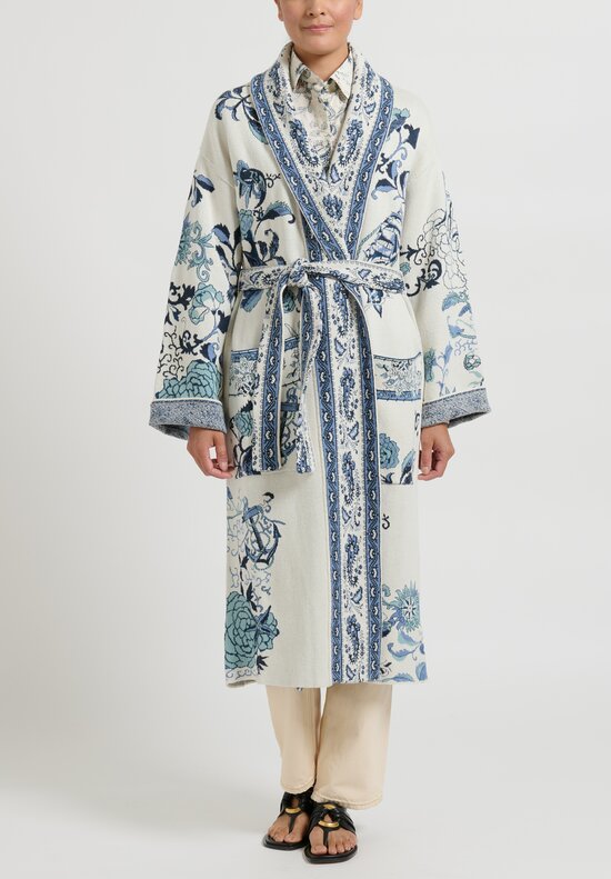 Etro Silk/Cotton Blend Jacquard Knit Coat in Ivory White & Blue	