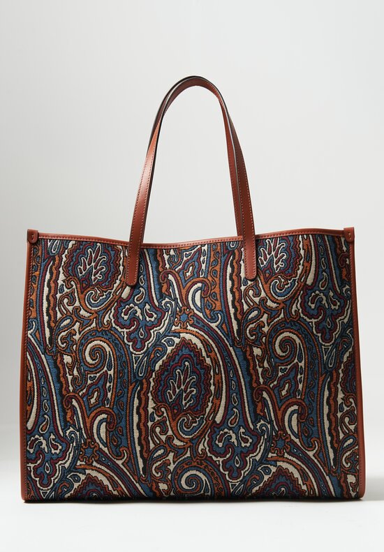 ETRO Large Jacquard Paisley Shopping Bag in Blue, Brown & Cream	