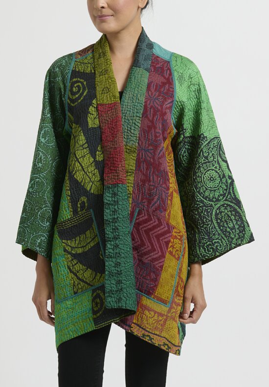 Mieko Mintz 4-Layer Jacquard Silk Kantha A-Line Jacket in Green