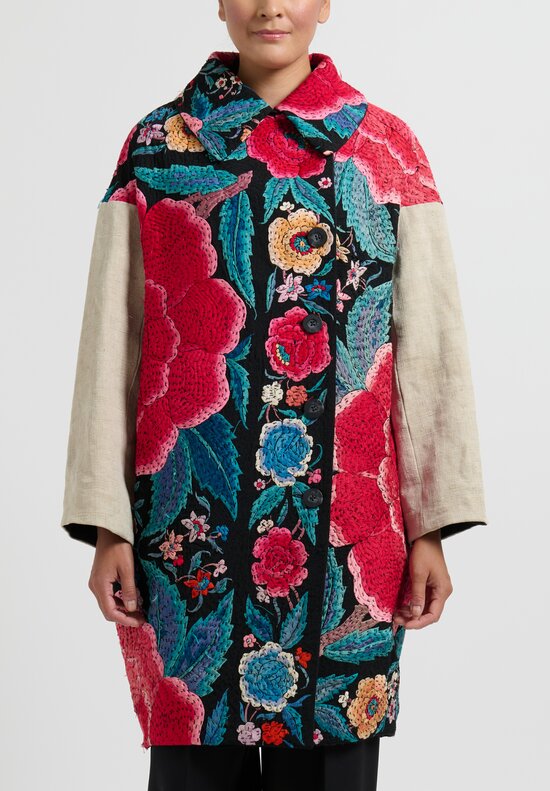 By Walid Antique Hand Embroidered ''Stacey'' Coat in Black & Peach ...