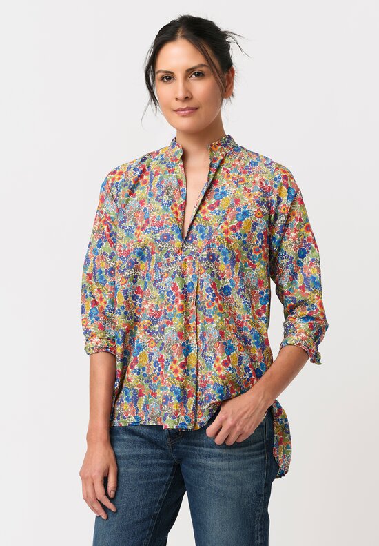 Daniela Gregis Washed Cotton Floral Kora Top in Blue, Red & Orange	
