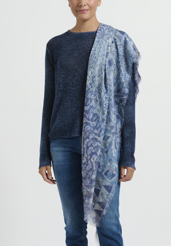 Alonpi Cashmere Silk Print Scarf in Light Blue	