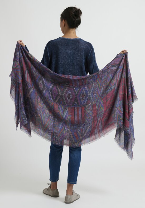 Alonpi Large Cashmere Silk Geometric Print Scarf in Blue Multi	
