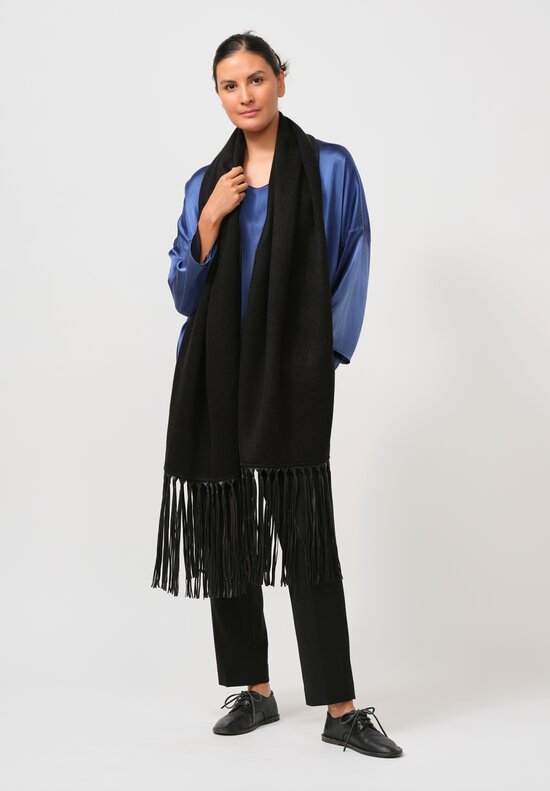 Alonpi Eric Cashmere Scarf with Long Leather Fringe in Black	