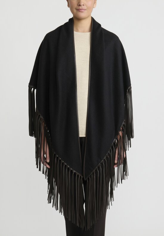 Alonpi Cahsmere ''Mantello Triangolo'' Shawl with Leather Fringe in Black/Brown	