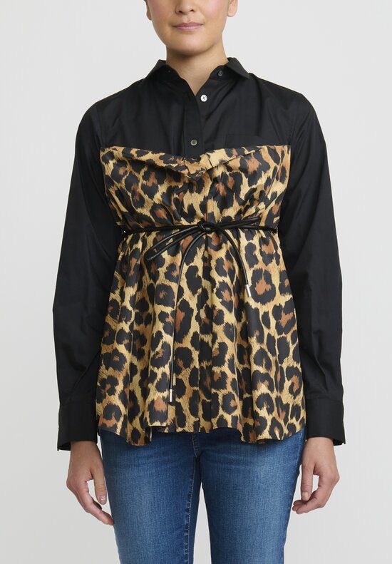 Sacai Leopard Print Button Up Shirt in Black and Brown	