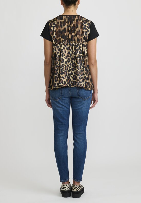 Sacai Leopard Print Pleated Back T-Shirt in Black and Brown	