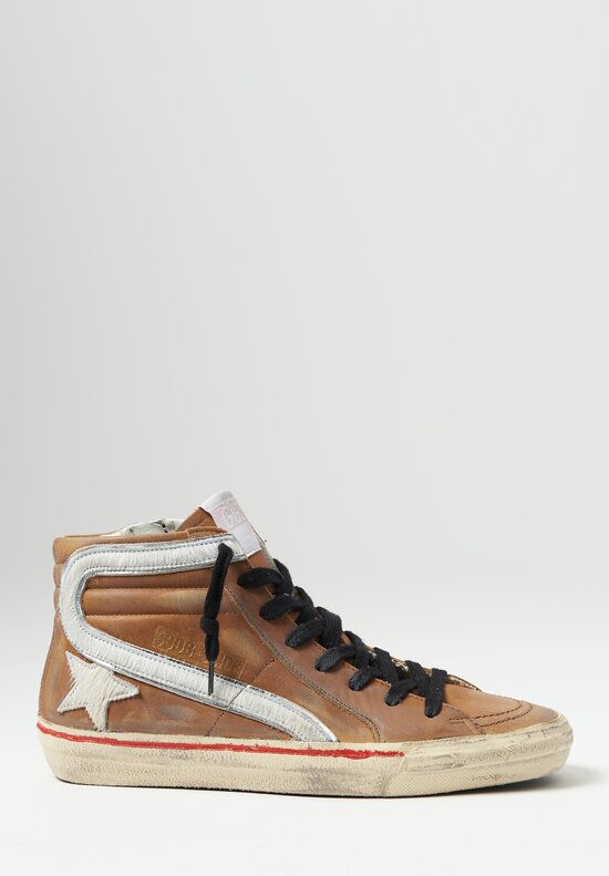 Golden Goose Slide Vintage Leather Hi-Top Sneaker in Cognac Brown, White