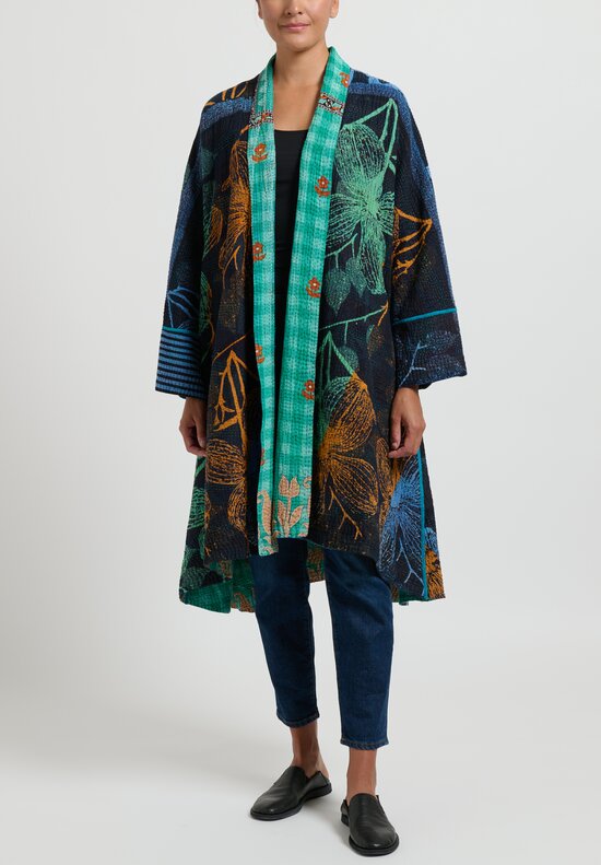 Mieko Mintz 4-Layer Vintage Cotton Kimono Jacket in Green and Blue	