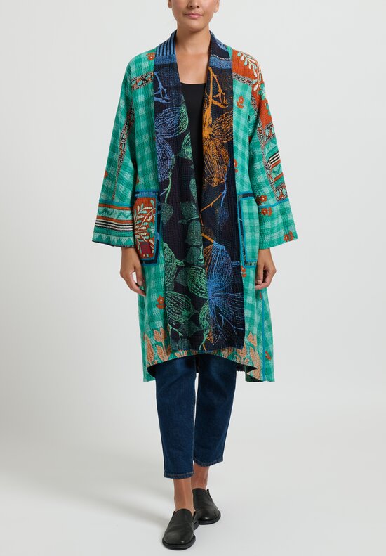 Mieko Mintz 4-Layer Vintage Cotton Kimono Jacket in Green and Blue	