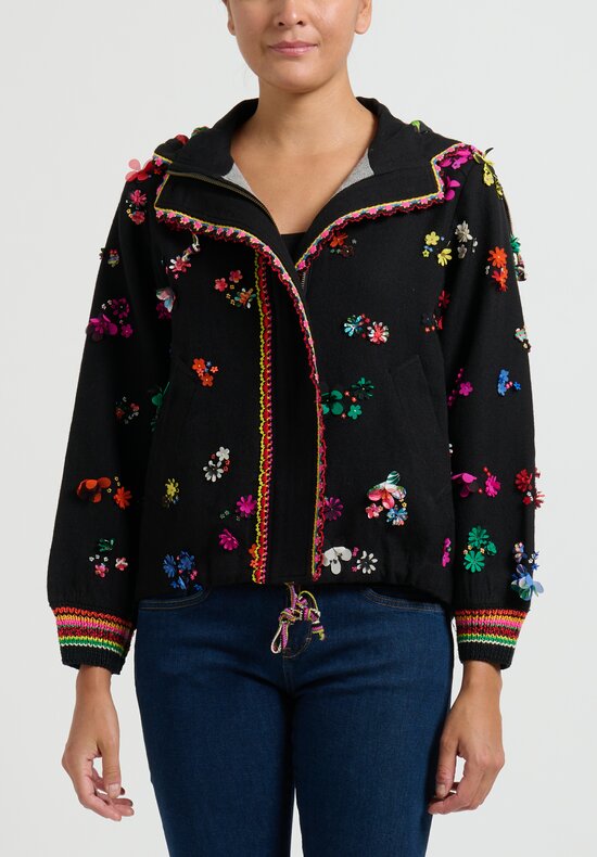 Péro Flower Embellished Wool Jacket in Black	
