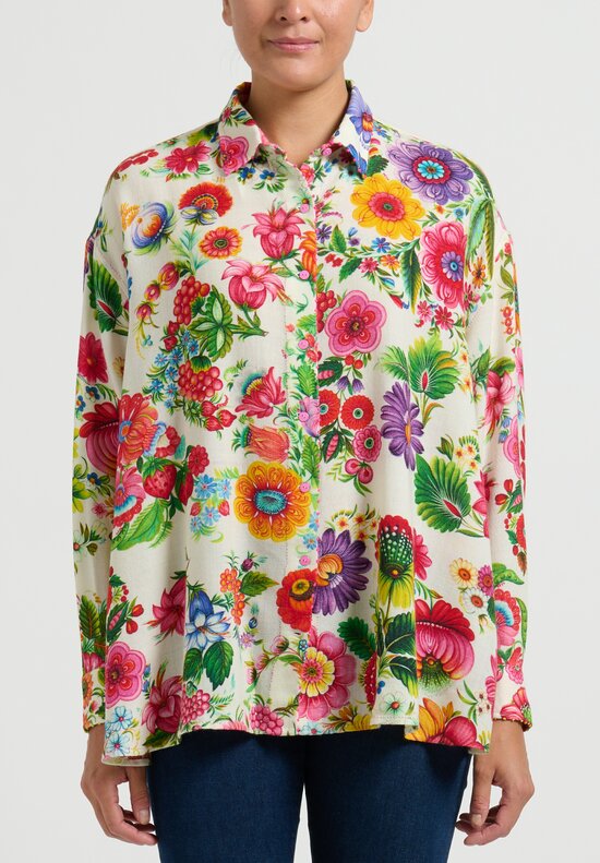 Pero Wool Fruit and Floral Print Shirt in White and Pink	