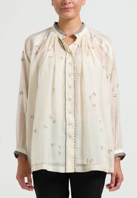 Péro Cotton and Silk Embroidered Band Collar Shirt in White	