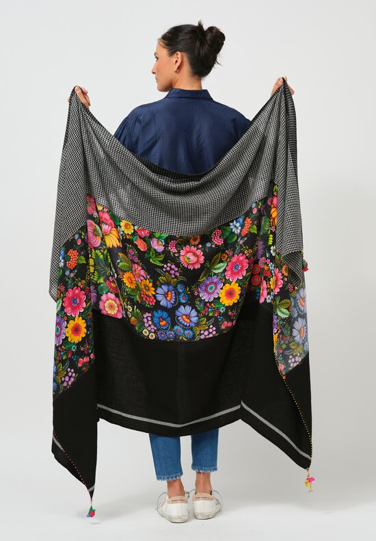 Péro Floral and Checkered Shawl in Black and White Multi	