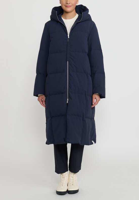 Jil Sander Long Quilted Down Coat in Navy Blue