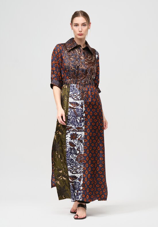 Biyan Silk Patchwork Print Midi Dress in Multicolor Navy Blue