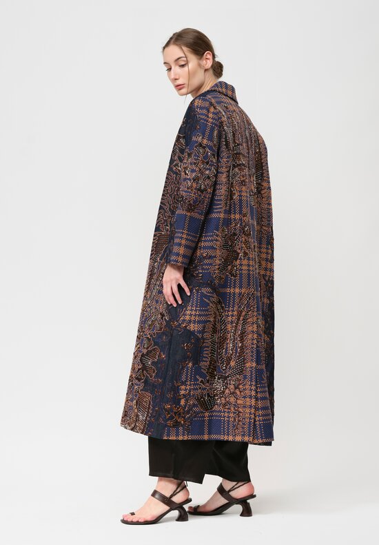 Biyan Appliqué Denim and Tweed Jacquard Coat in Navy Blue & Brown