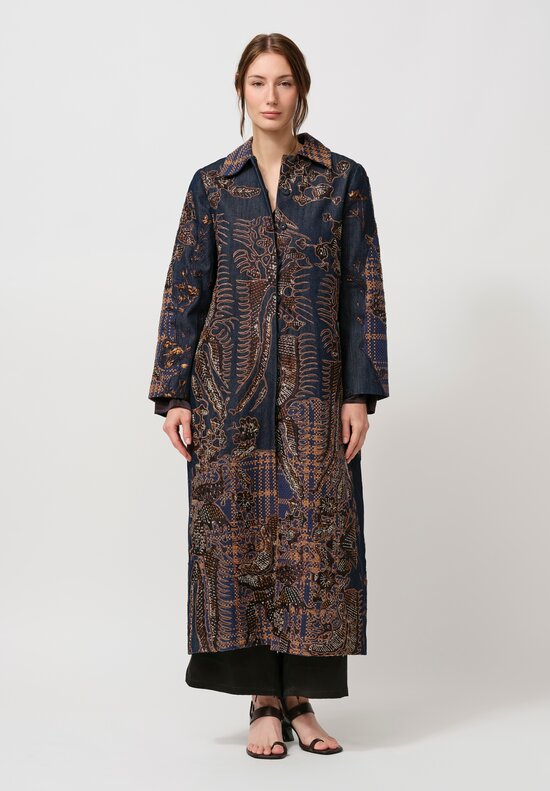 Biyan Appliqué Denim and Tweed Jacquard Coat in Navy Blue & Brown	