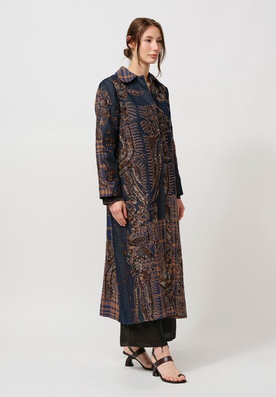 Biyan Appliqué Denim and Tweed Jacquard Coat in Navy Blue & Brown	