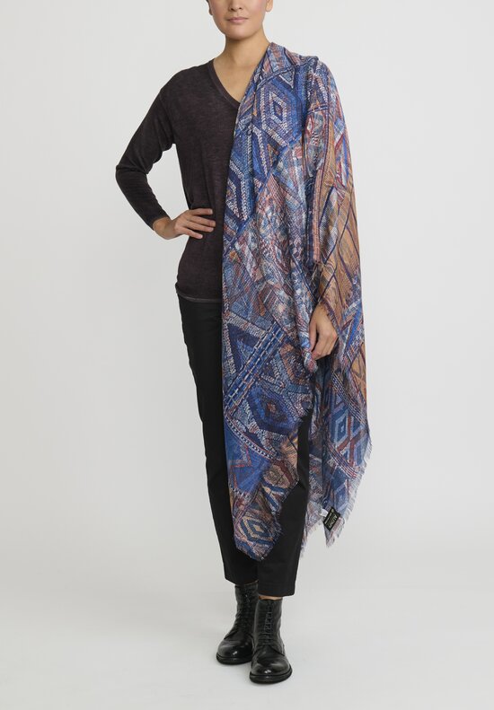Alonpi Cashmere Large Printed Scarf in Blue & Bronze	