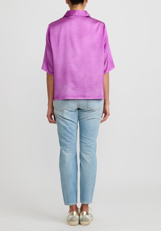 Avant Toi Hand-Painted Silk Short Sleeve Shirt in Purple Orchid	