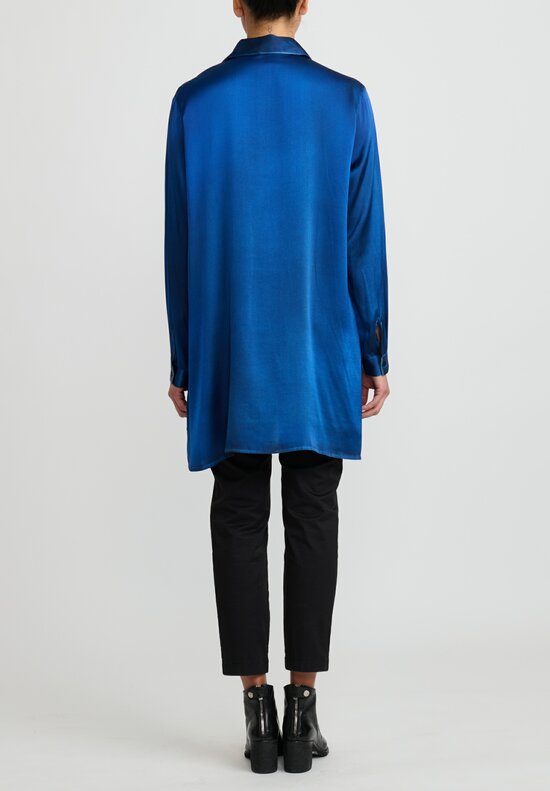 Avant Toi Hand-Painted Silk Shirt in Nero Genziana Blue	