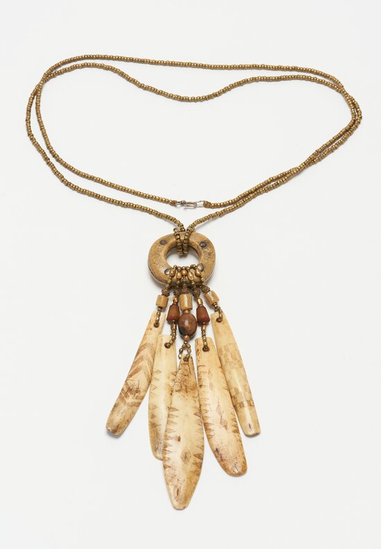 Pamela Adger Fossilized Walrus Ivory Pendant on Brass Bead Necklace	