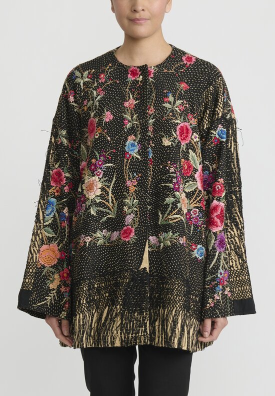 By Walid Antique Silk Piano Shawl Jackie Jacket in Black, Pink and Multicolor