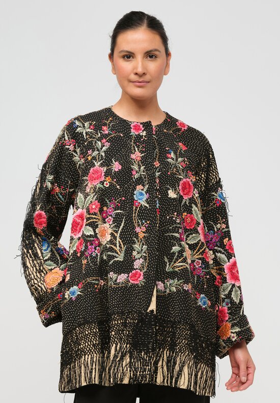 By Walid Antique Silk Piano Shawl Jackie Jacket in Black and Pink Rose	