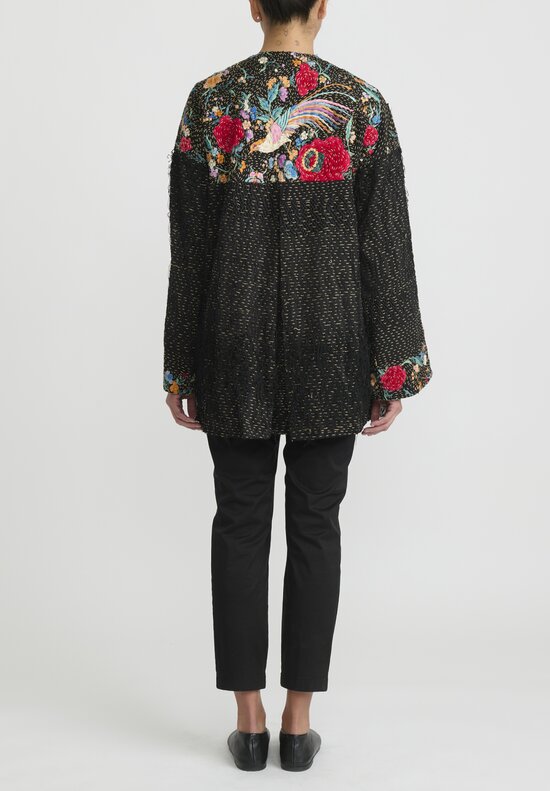By Walid Antique Silk Piano Shawl Jackie Jacket in Black, Red Rose