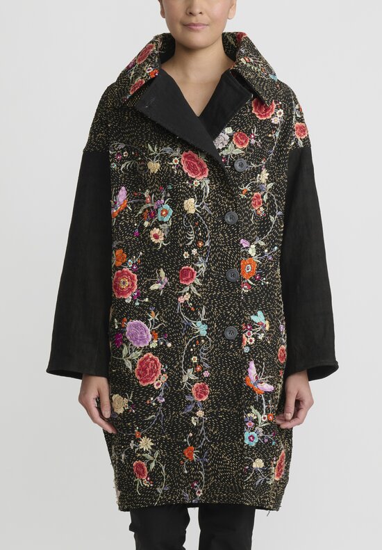 By Walid Silk Antique Piano Shawl Cocoon Coat in Black, Peach
