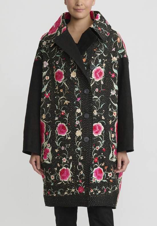 By Walid Silk Antique Piano Shawl Cocoon Coat in Black, Rose Pink
