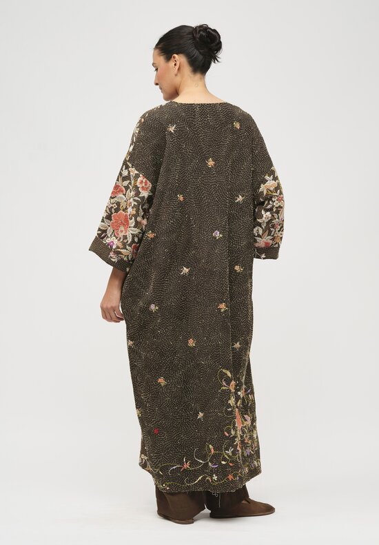 By Walid Antique Silk Piano Shawl Oversized Dress in Brown & Pink Roses	