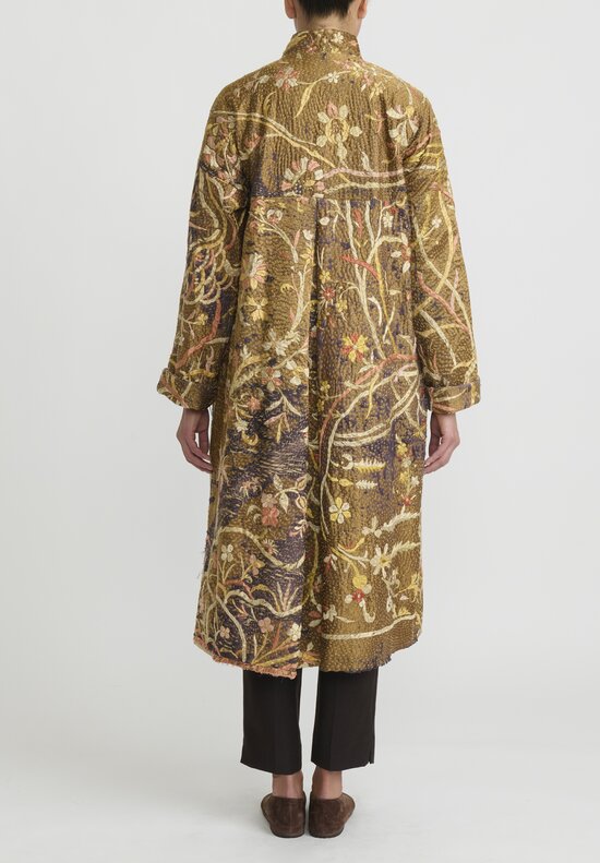 By Walid Antique Silk Chinese Panel Sylvia Coat in Brown, Peach