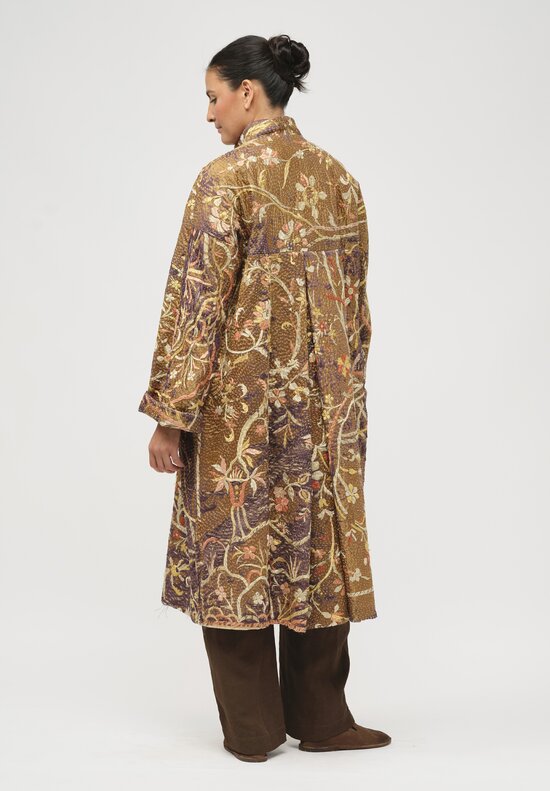 By Walid Antique Silk Chinese Panel Sylvia Coat in Brown and Peach	
