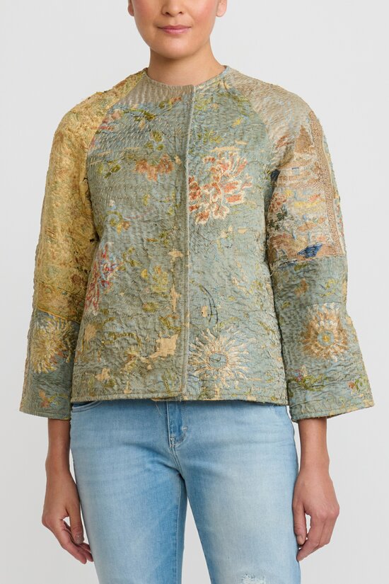 By Walid Antique Chinese Embroidered Silk Illana Short Jacket in Celadon