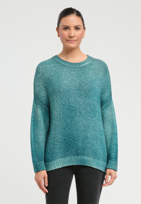 Avant Toi Hand-Painted Cashmere Silk Brushed Crewneck Sweater in Forest Green	