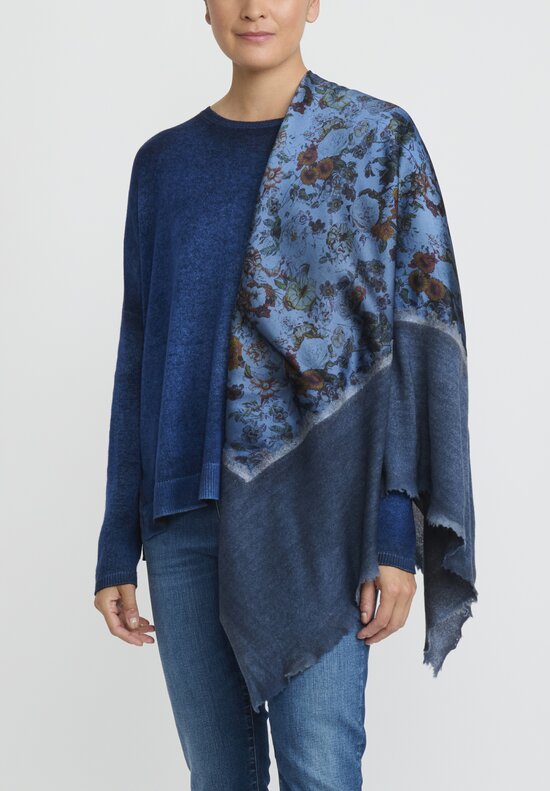 Avant Toi Cashmere Knit & Silk Quadrello Stampa Fiori Scarf	in Blue