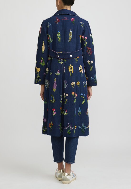 Péro Limited Edition Hand Embroidered Long Linen Coat in Indigo Blue	